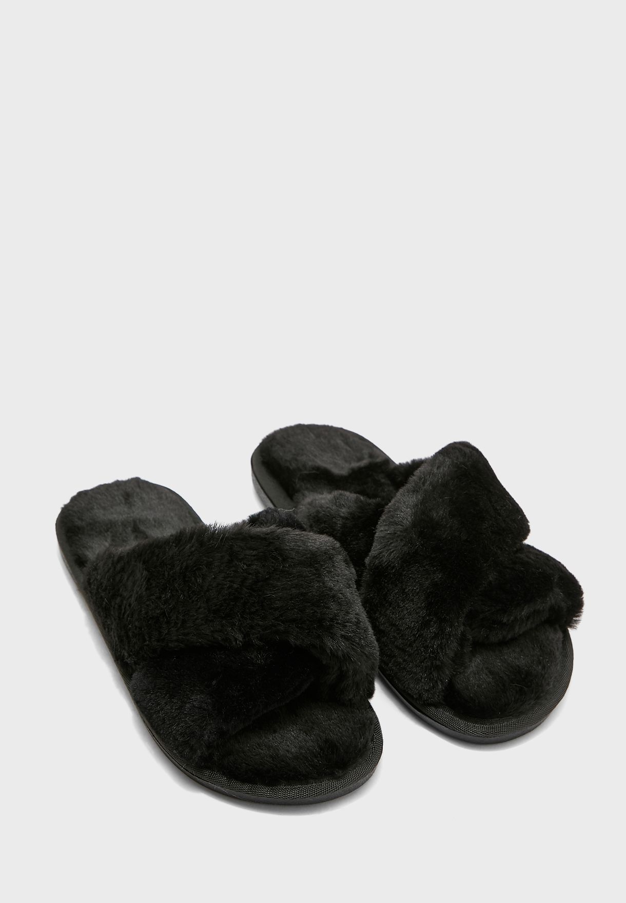 black fur slippers
