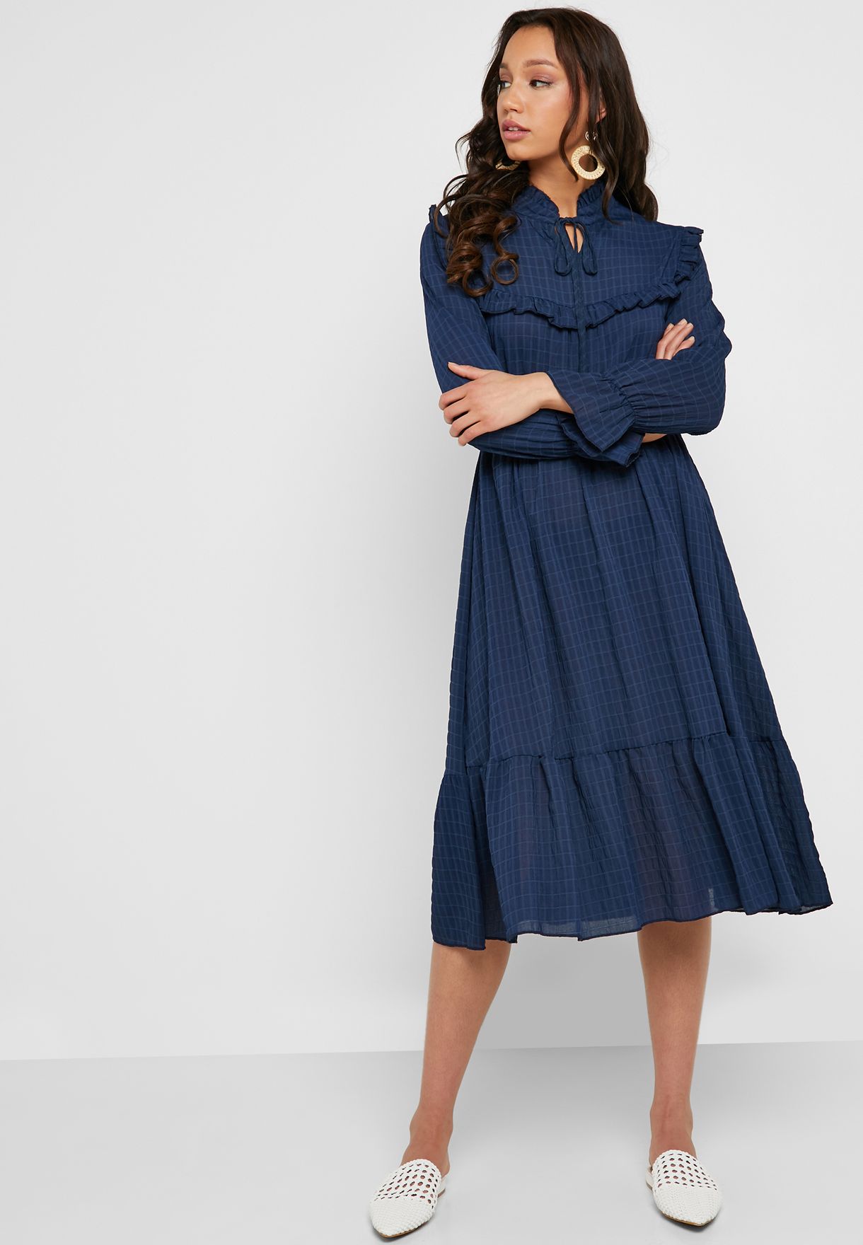 ruffle trim midi dress