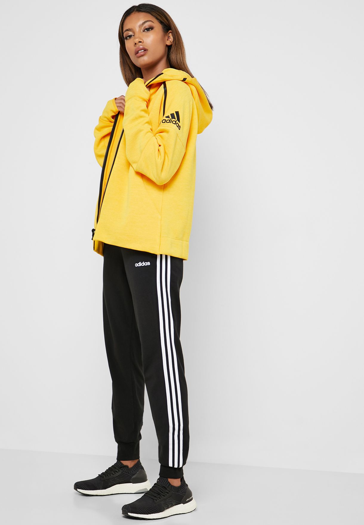 adidas black hoodie yellow stripes