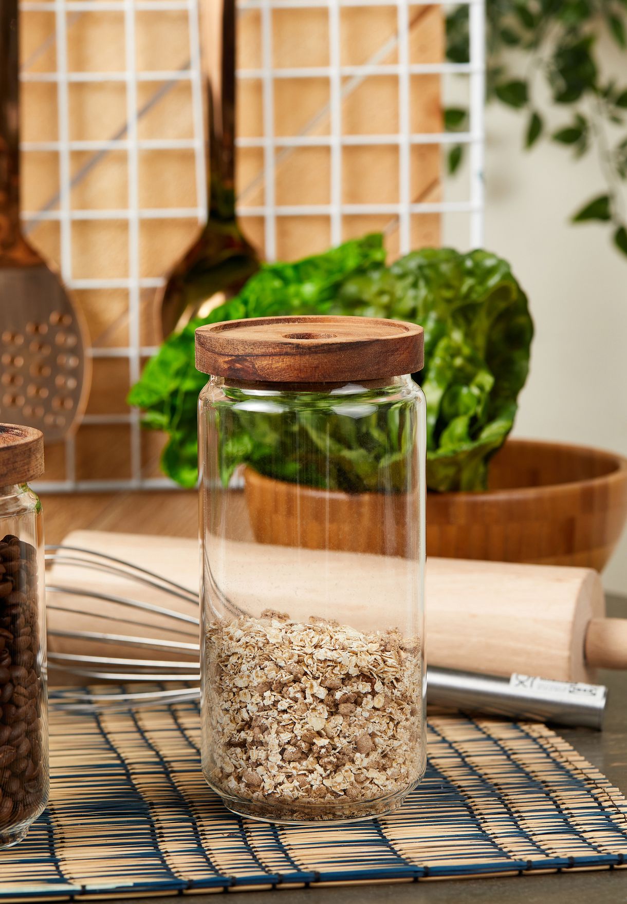 Glass Wooden Lid Storage Jar 1L