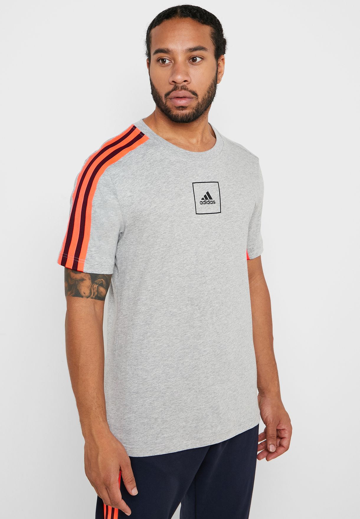 adidas grey three stripe t shirt