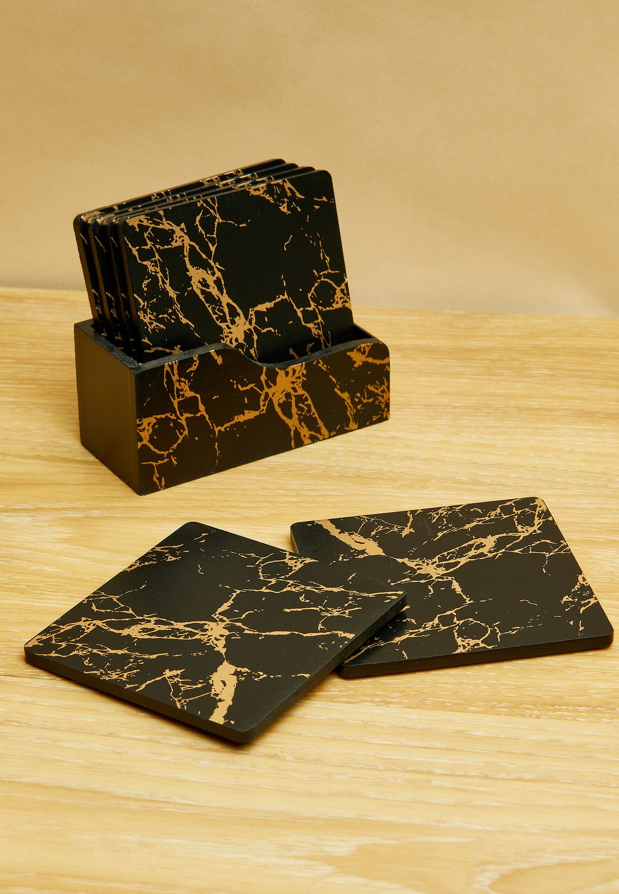 Set Of 6 Marble Wooden Coasters With Stand
