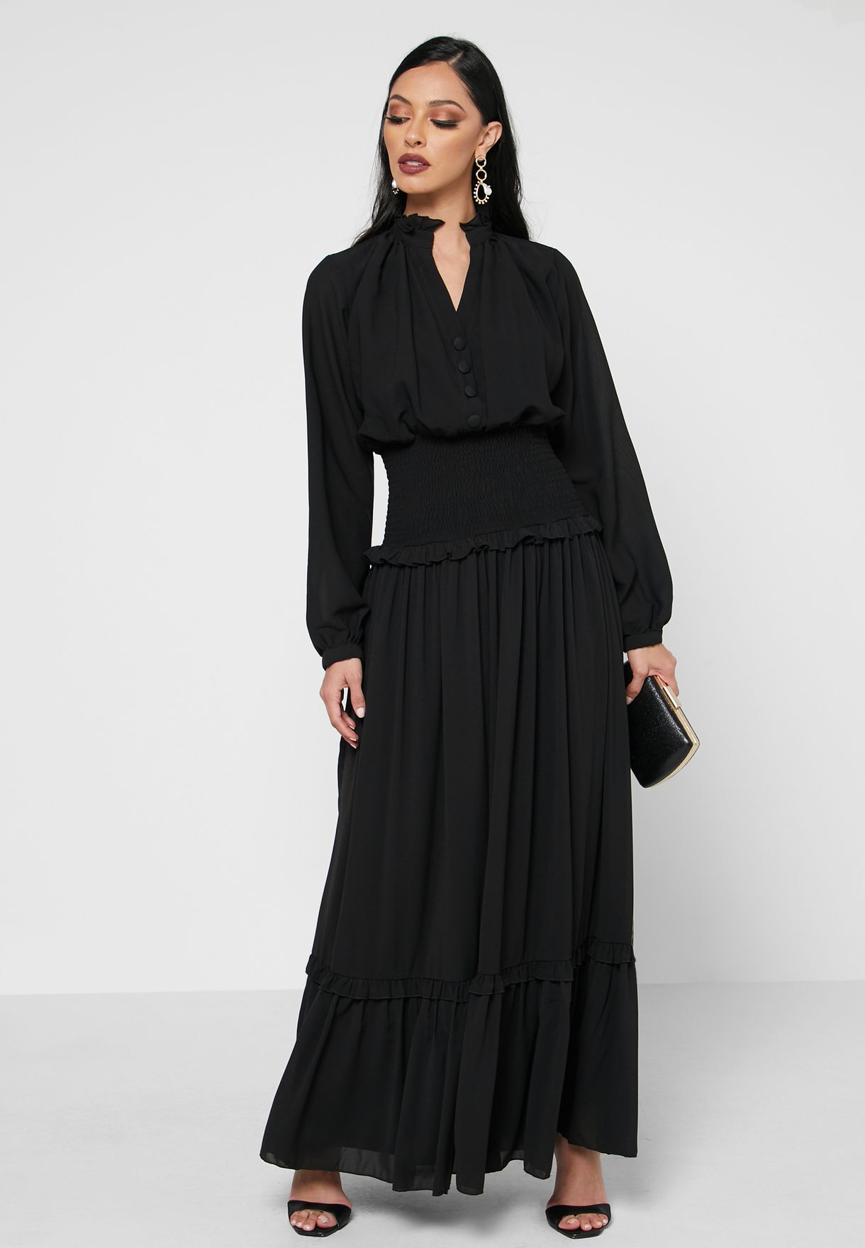 Buy Golden Apple black Button Detail Shirred Waist Dress for Women in ...