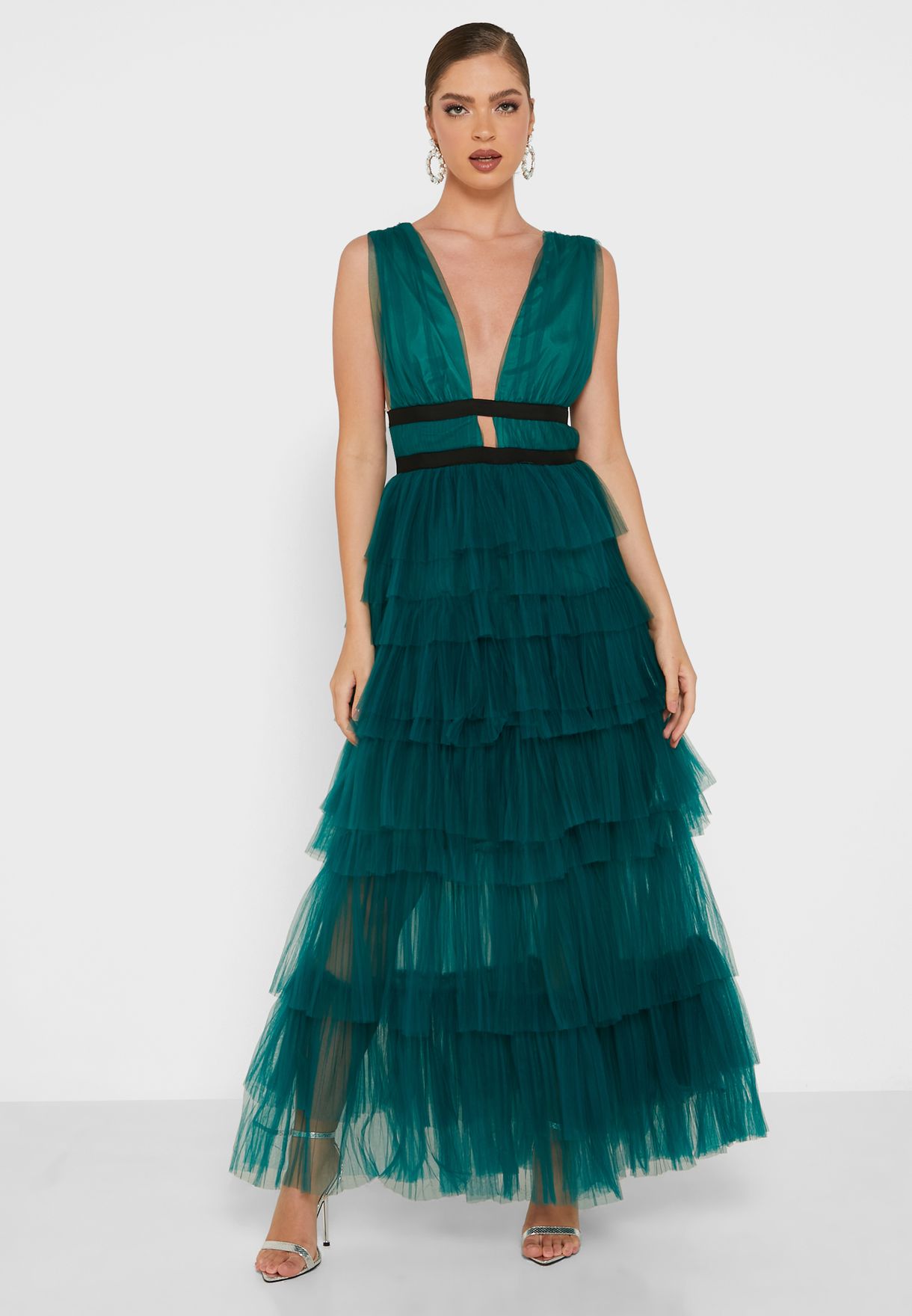 Buy True Decadence green Plunge Neck Tulle Overlay Dress for Women in ...