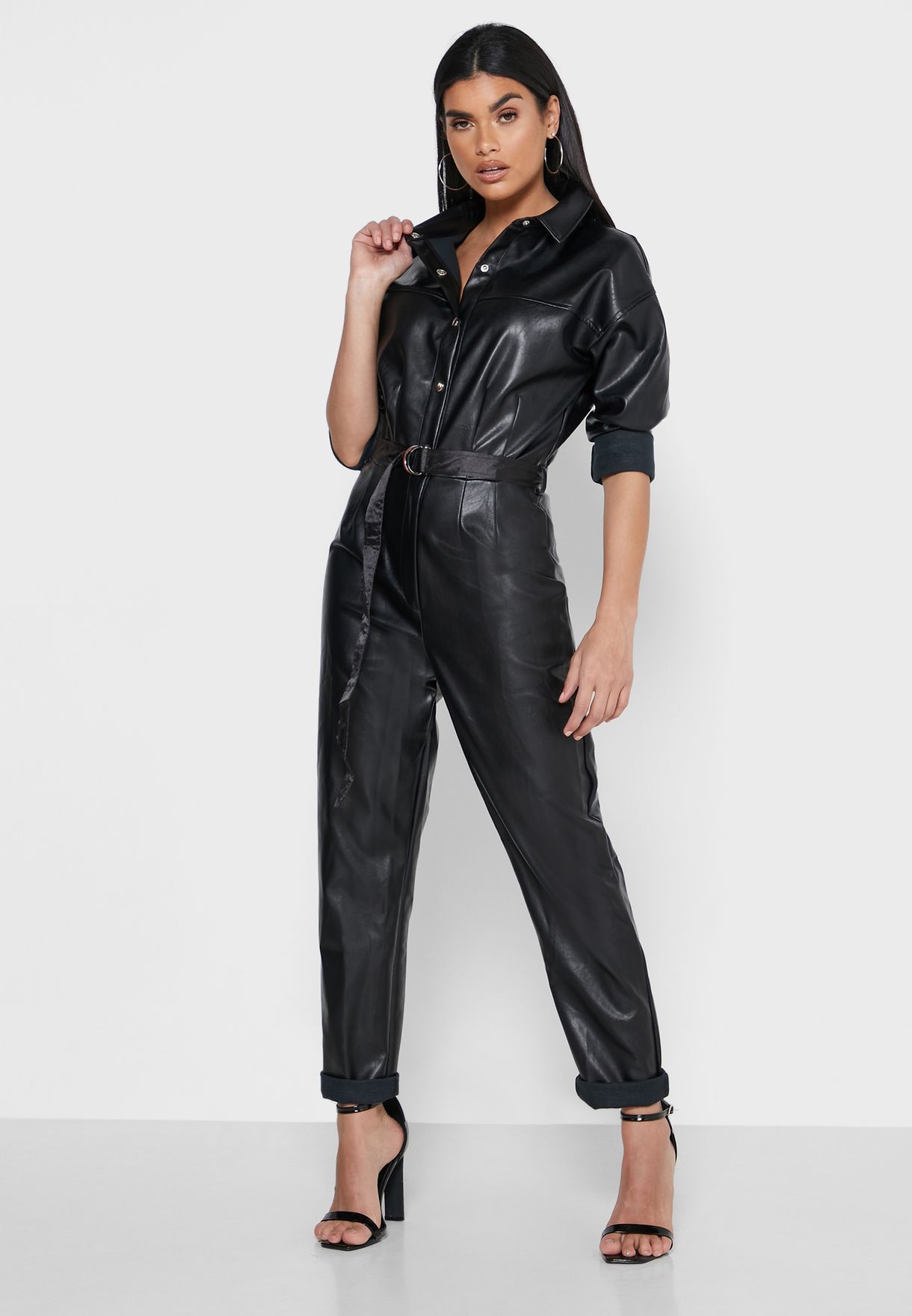 Download Buy Missguided Black Button Down Pu Jumpsuit for Women in ...