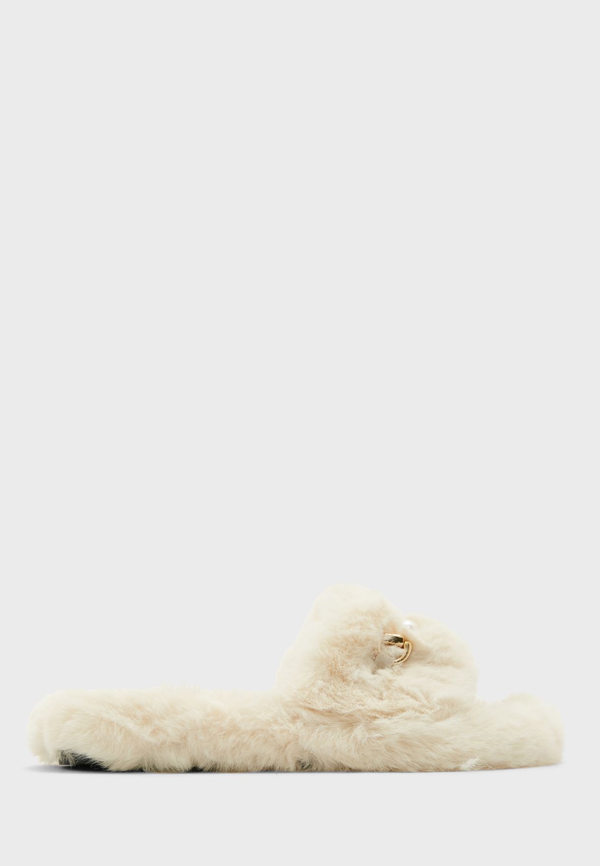 Horsebit Pearl Detail Fluffy Bedroom Slipper 