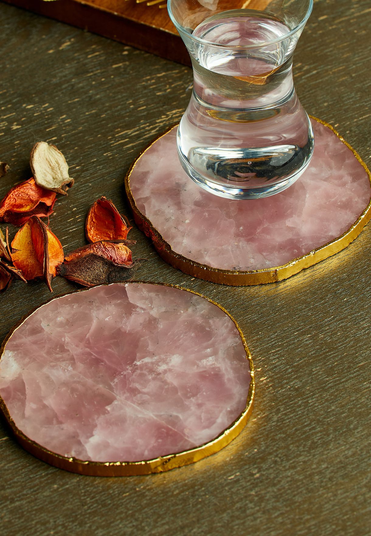 Set Of 2 Rose Quartz Coasters With Gold Details