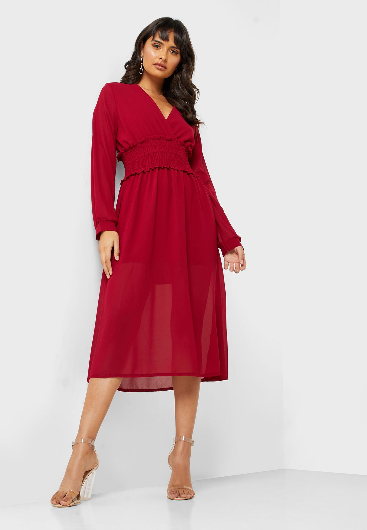 shirred waist midi dress