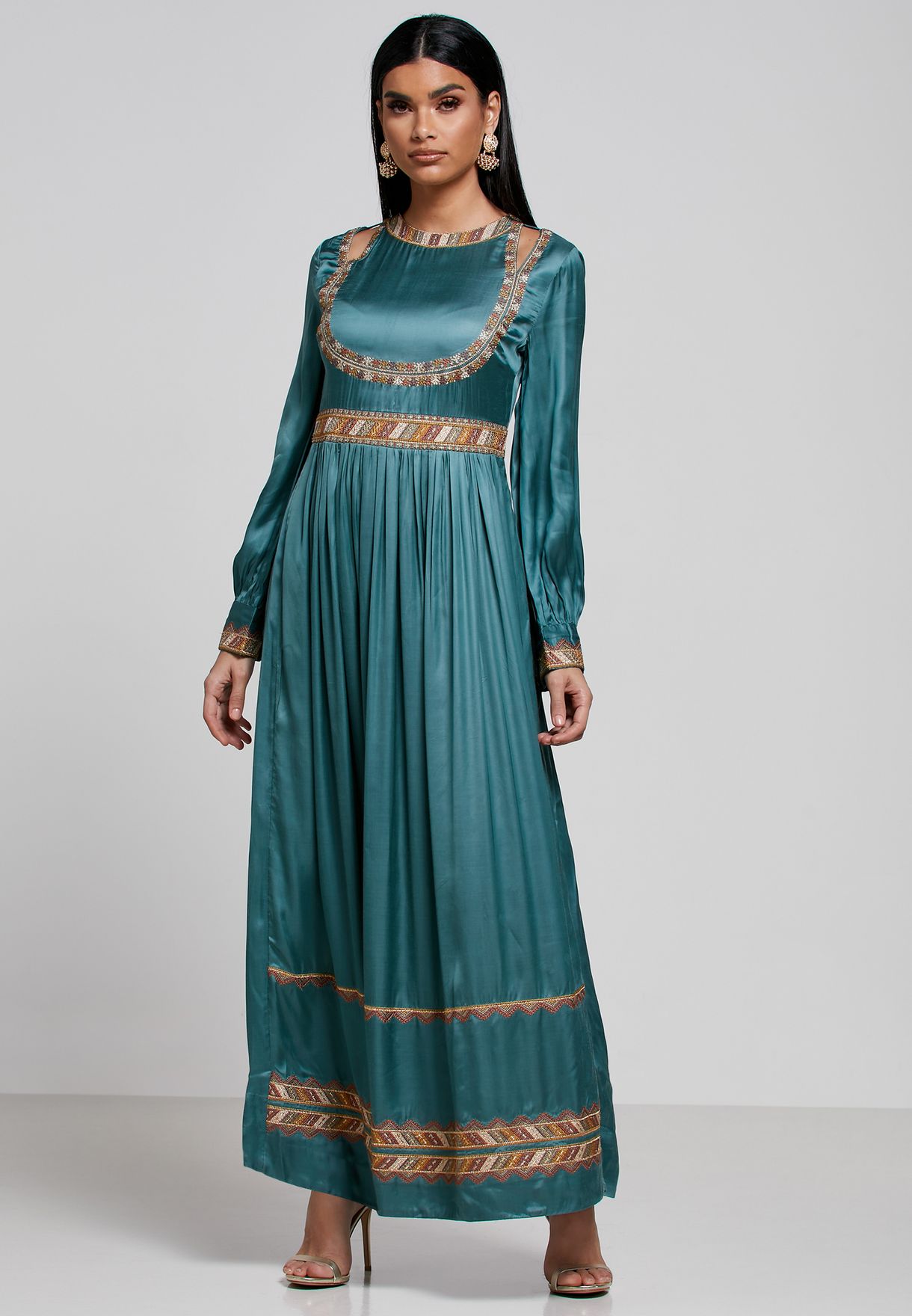 green Embroidered Pleated Dress ...