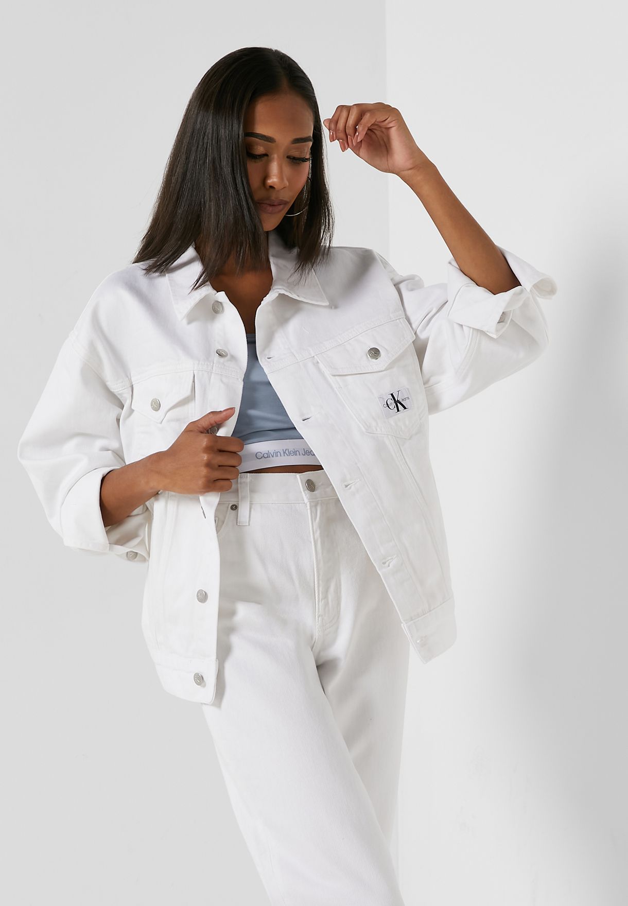 Buy Calvin Klein Jeans white Button Detail Denim Jacket for Women in Doha,  other cities