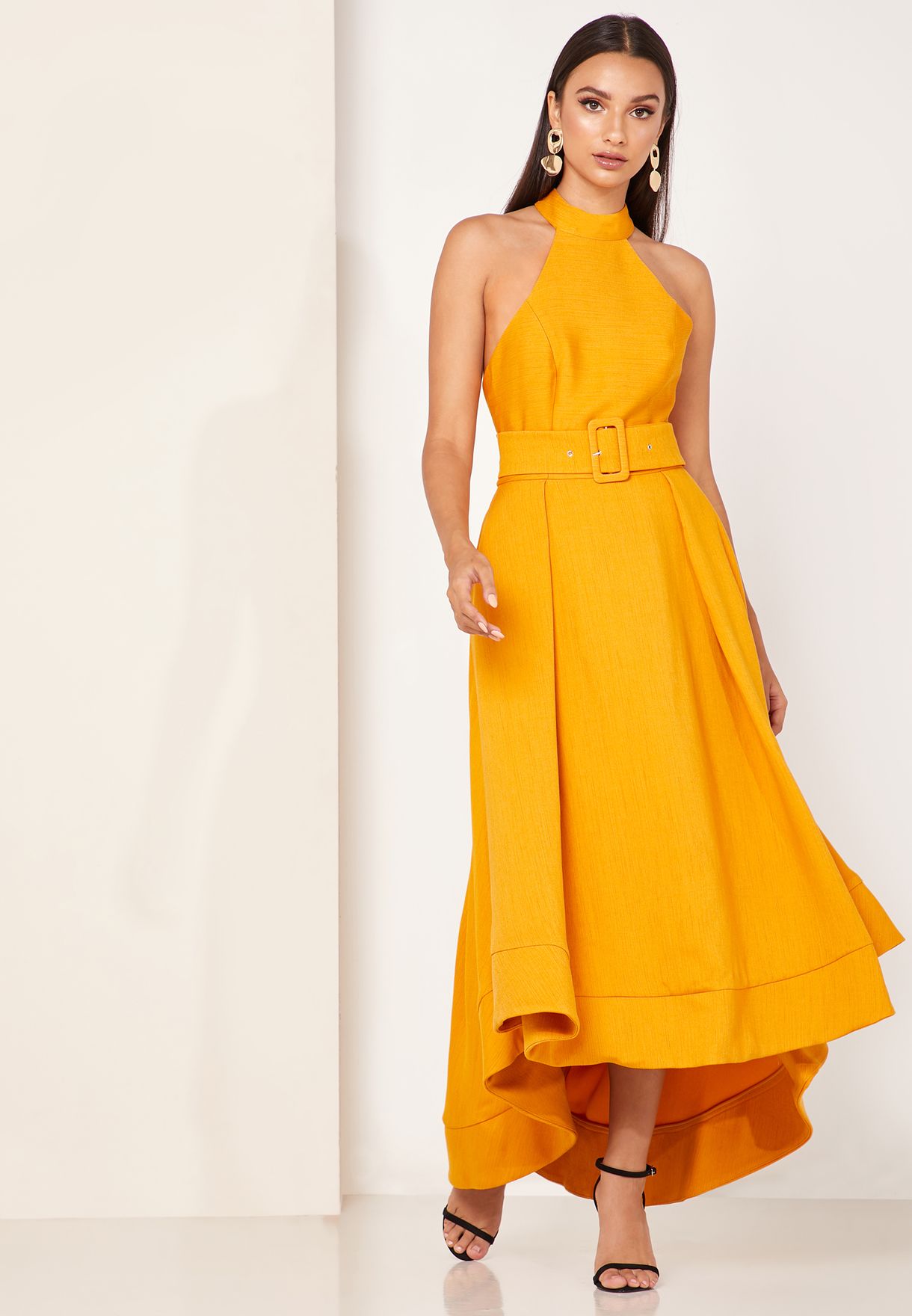 mustard halter neck dress