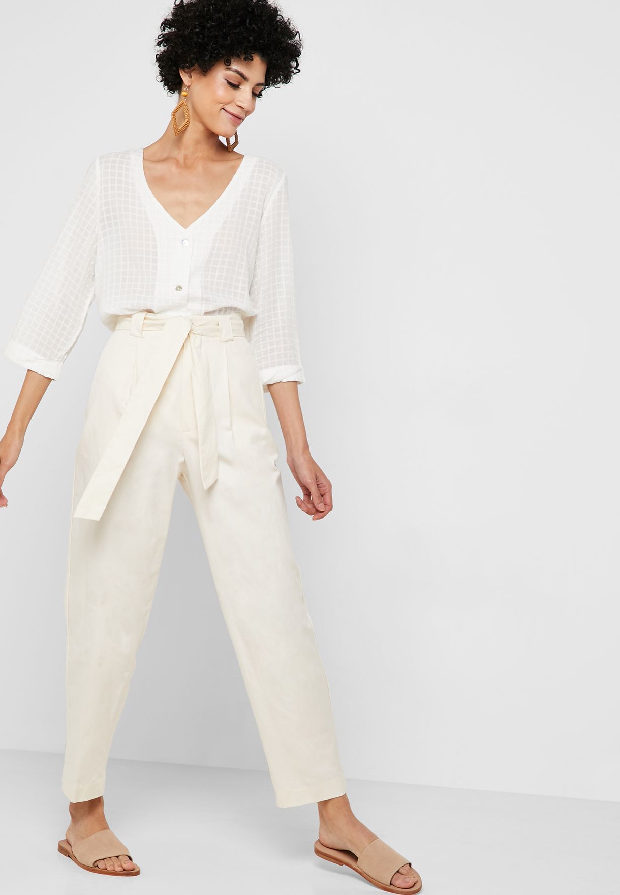 beige tie waist trousers