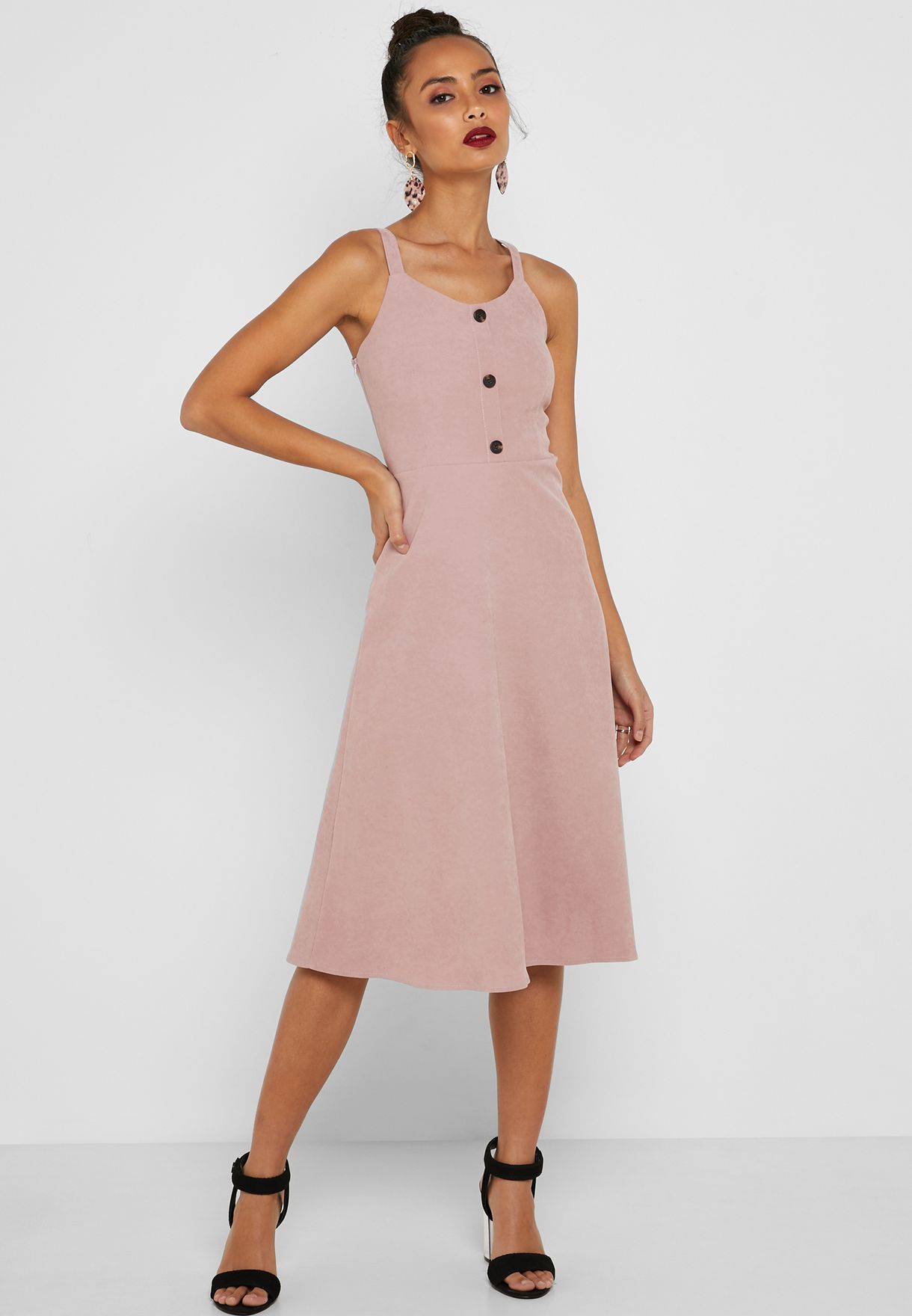 pink button front dress