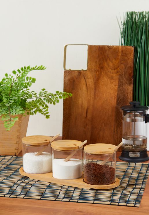 Set Of 3 Glass Wooden Storage Jars
