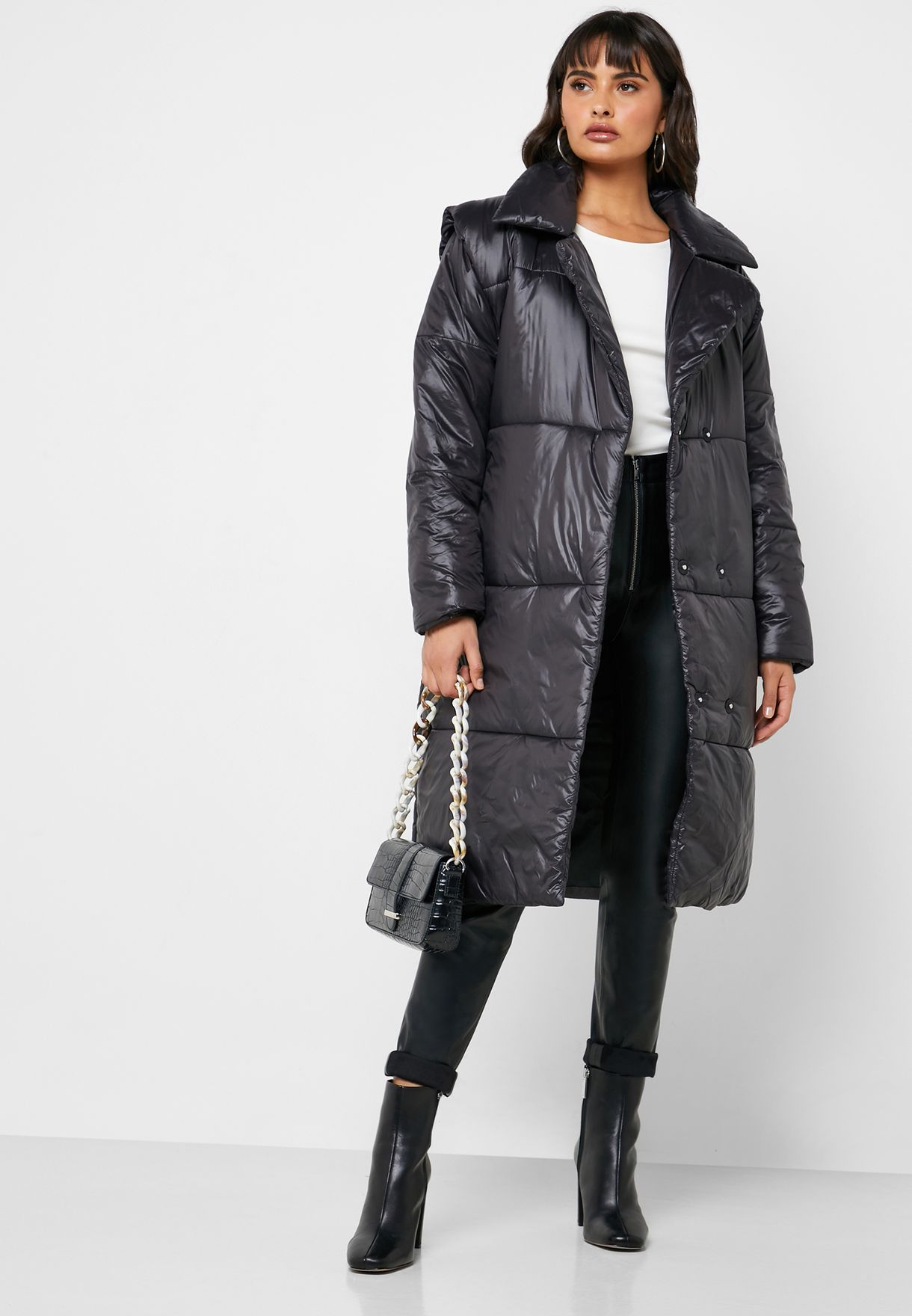 black longline belted puffer coat