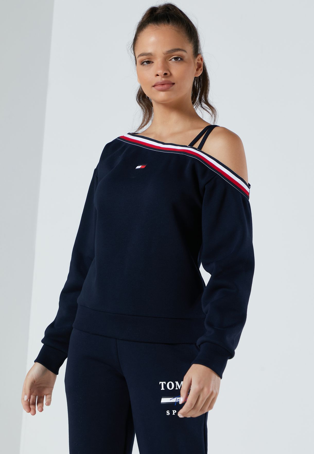 one shoulder crew neck tommy hilfiger