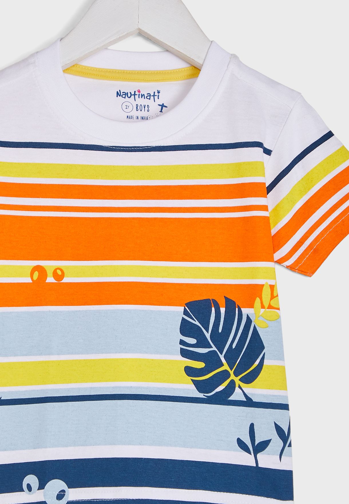 Nauti Nati White Orange Striped Cotton Round Neck T-Shirt