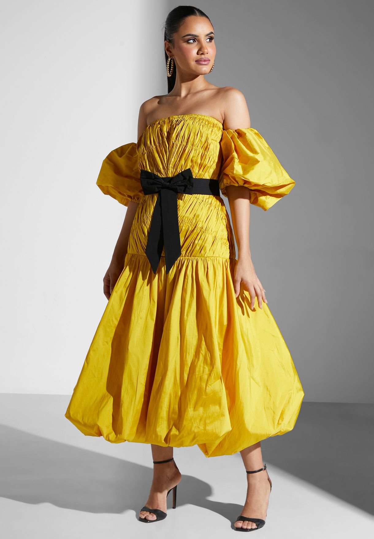 Balloon Sleeve Ruched Tiered Dress
