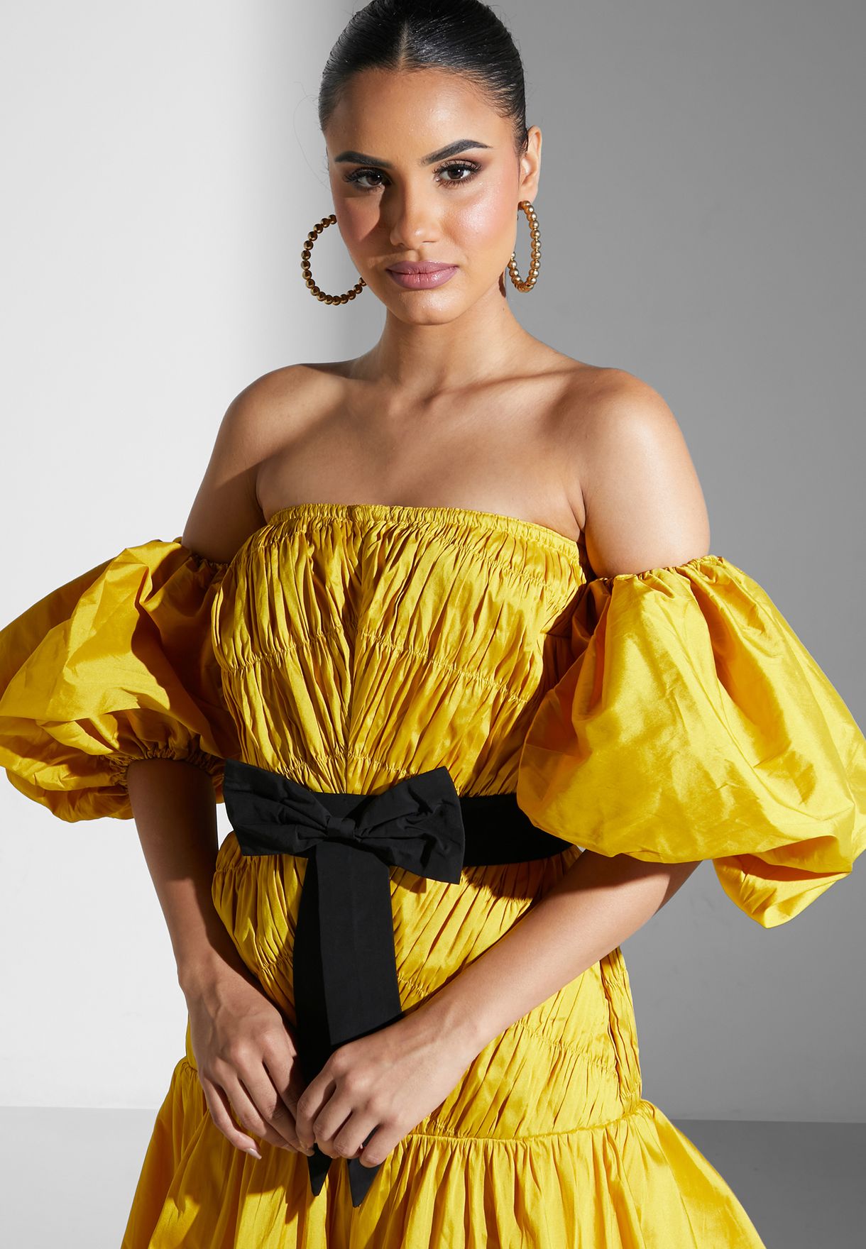 Balloon Sleeve Ruched Tiered Dress