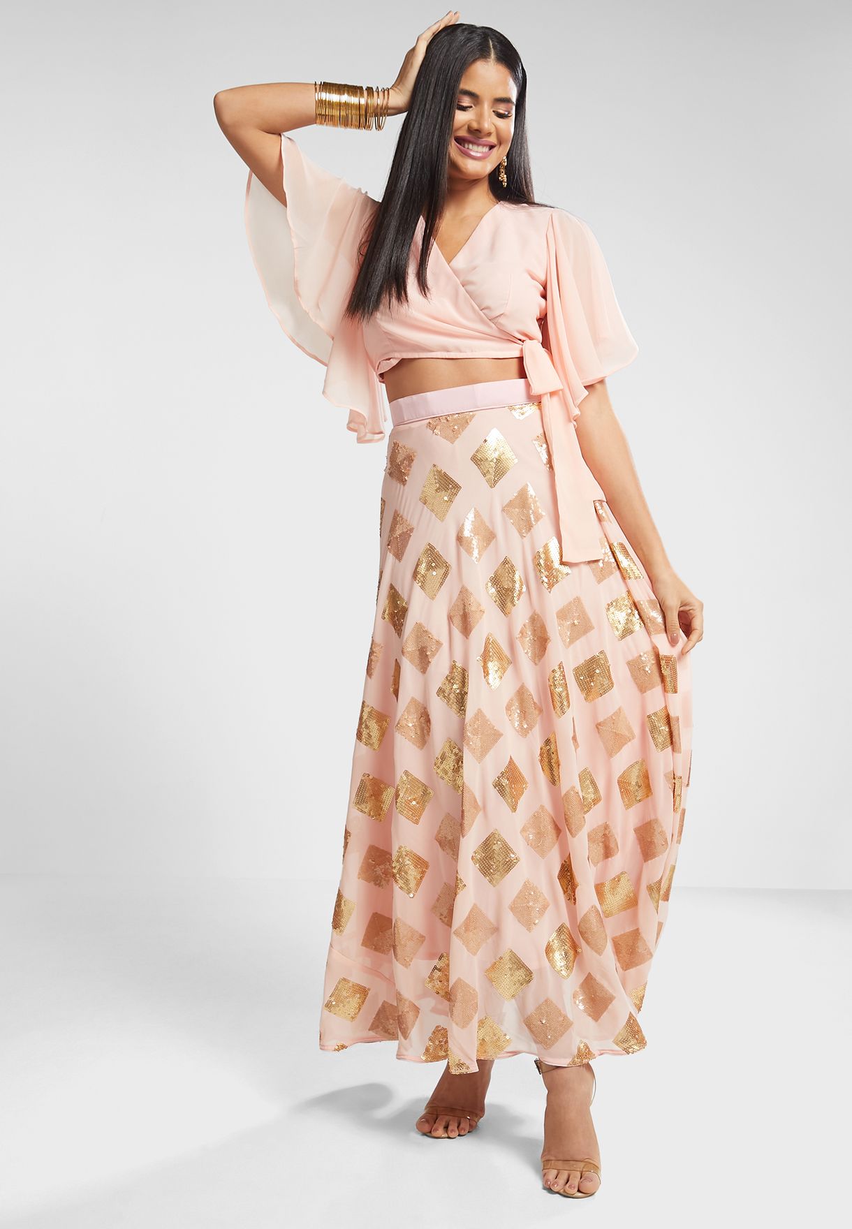 Ruffle Sleeve Crop Top & Embellished Skirt Set