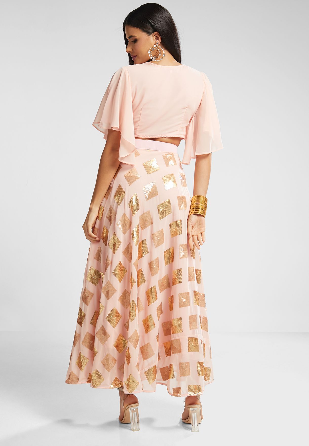 Ruffle Sleeve Crop Top & Embellished Skirt Set