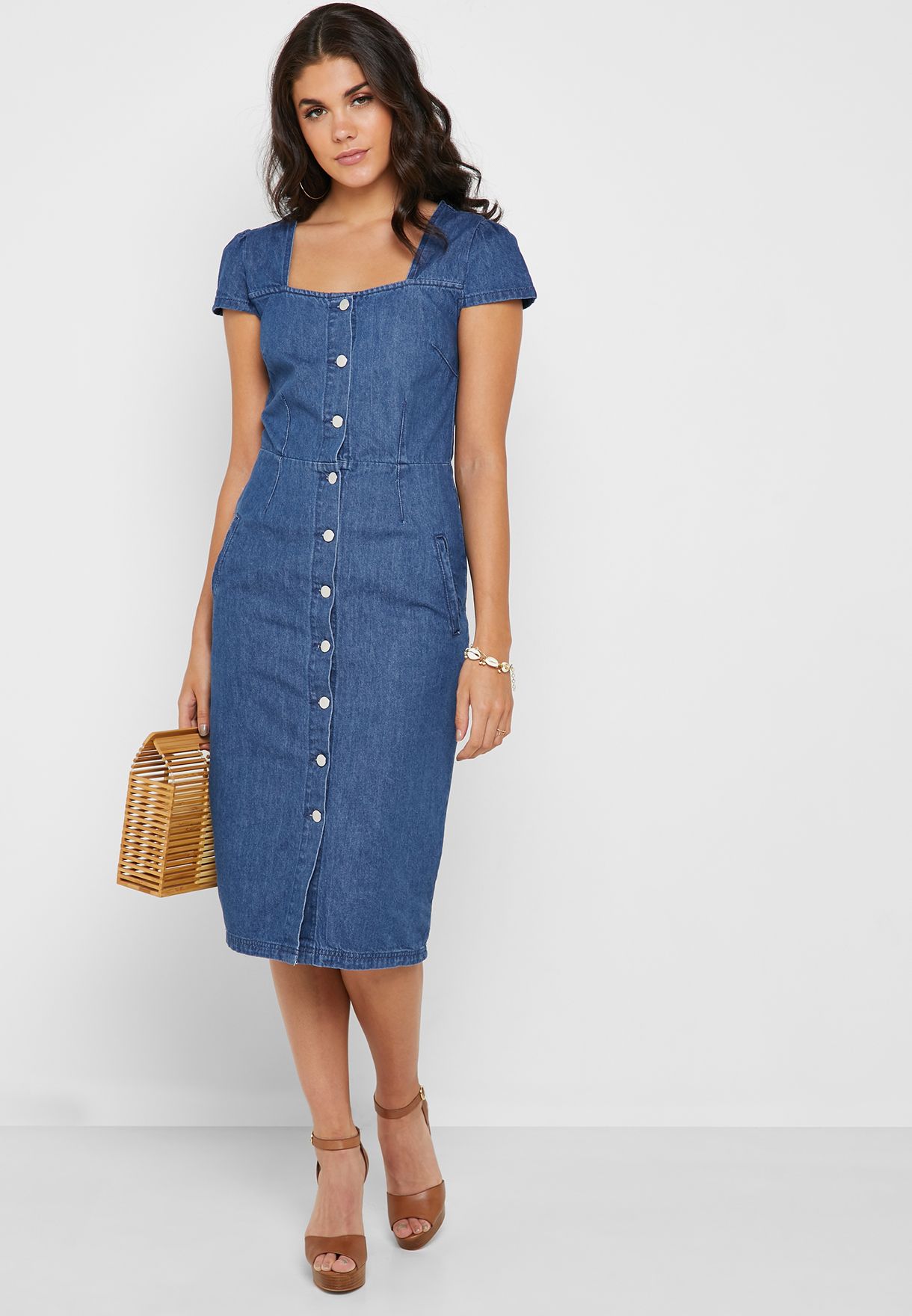 square neck button front dress