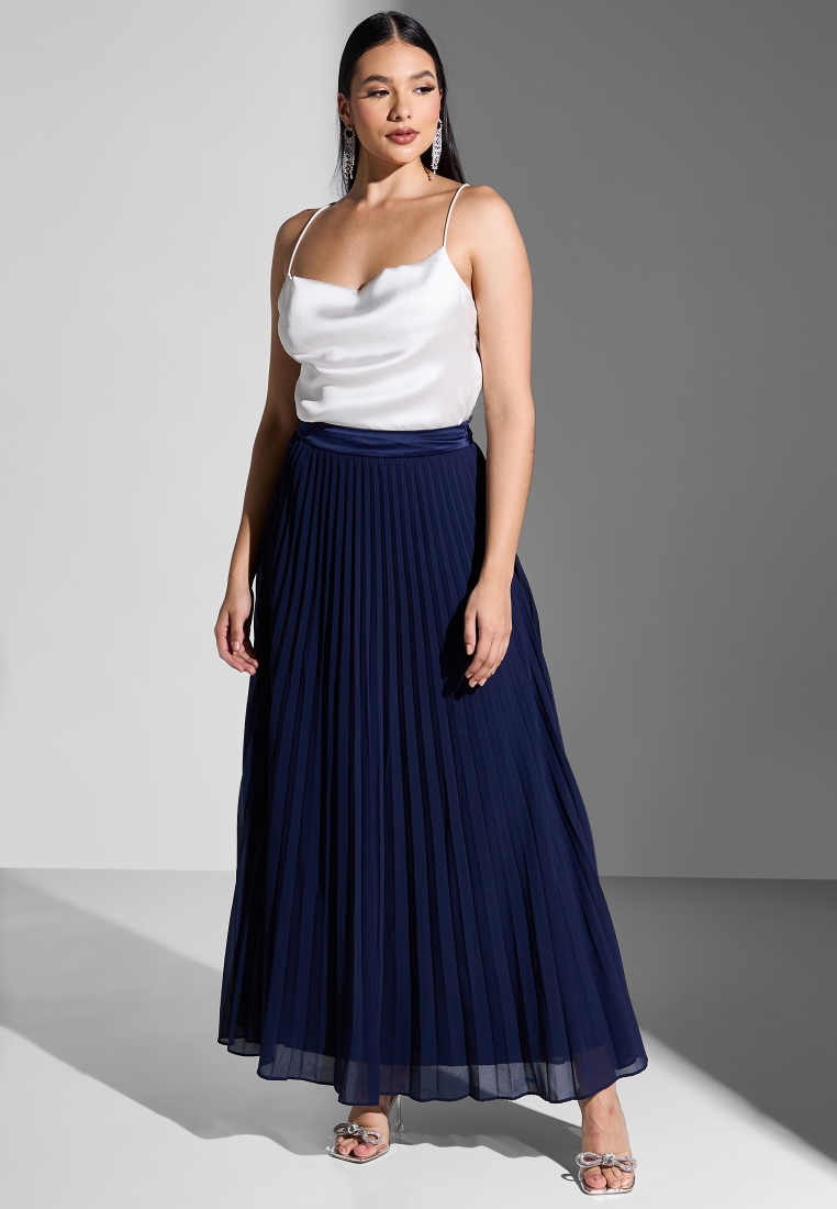 Berrylush Women Solid Navy Blue Bow-Tie High-Waist Flared Maxi Skirt
