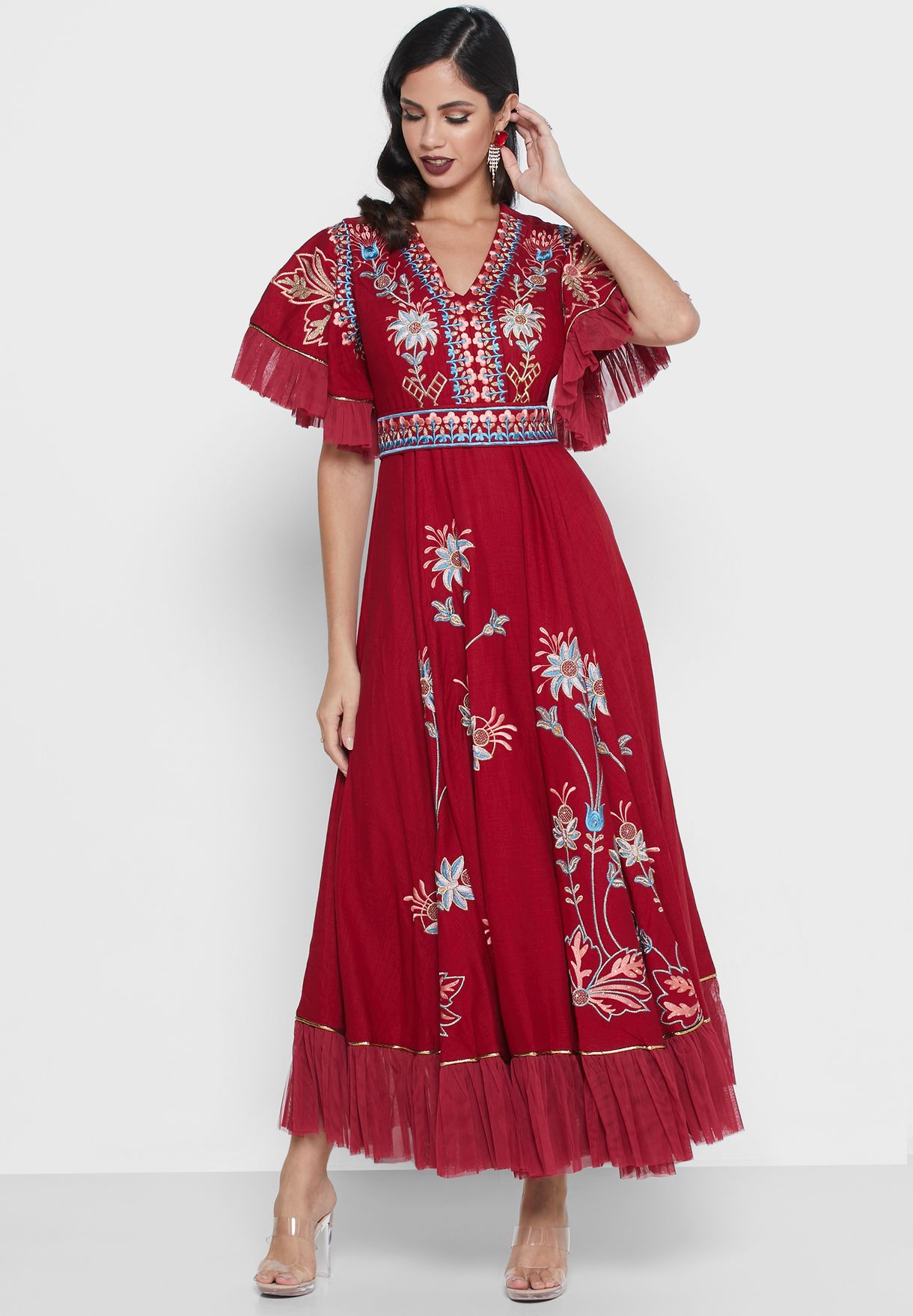 red embroidered dress