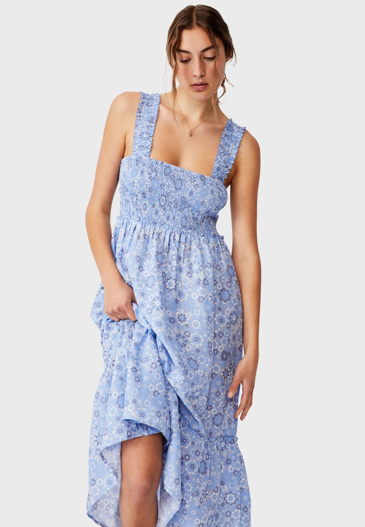 woven tess shirred strappy midi dress