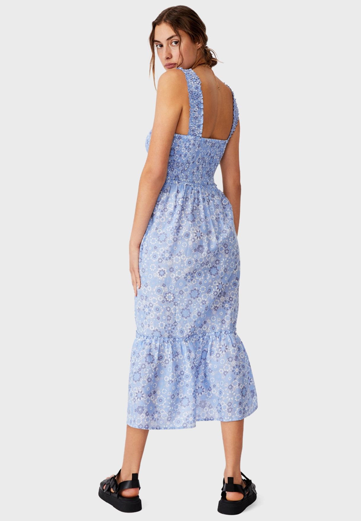 woven tess shirred strappy midi dress