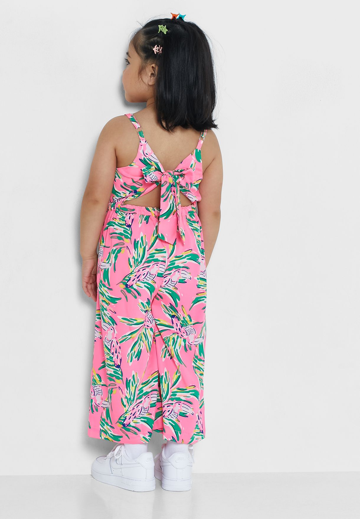 Nauti Nati Girls Pink Green Printed Basic Jumpsuit With Styled Back