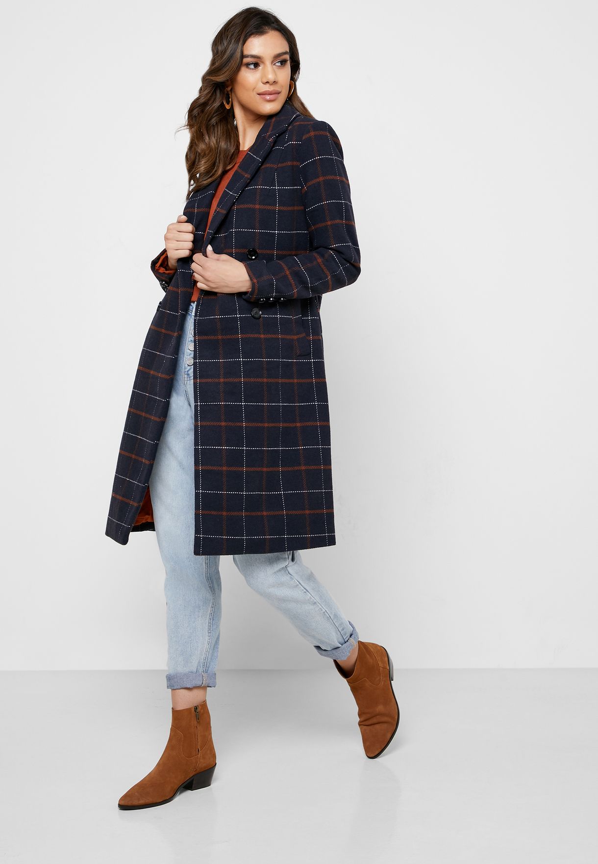 navy checked coat