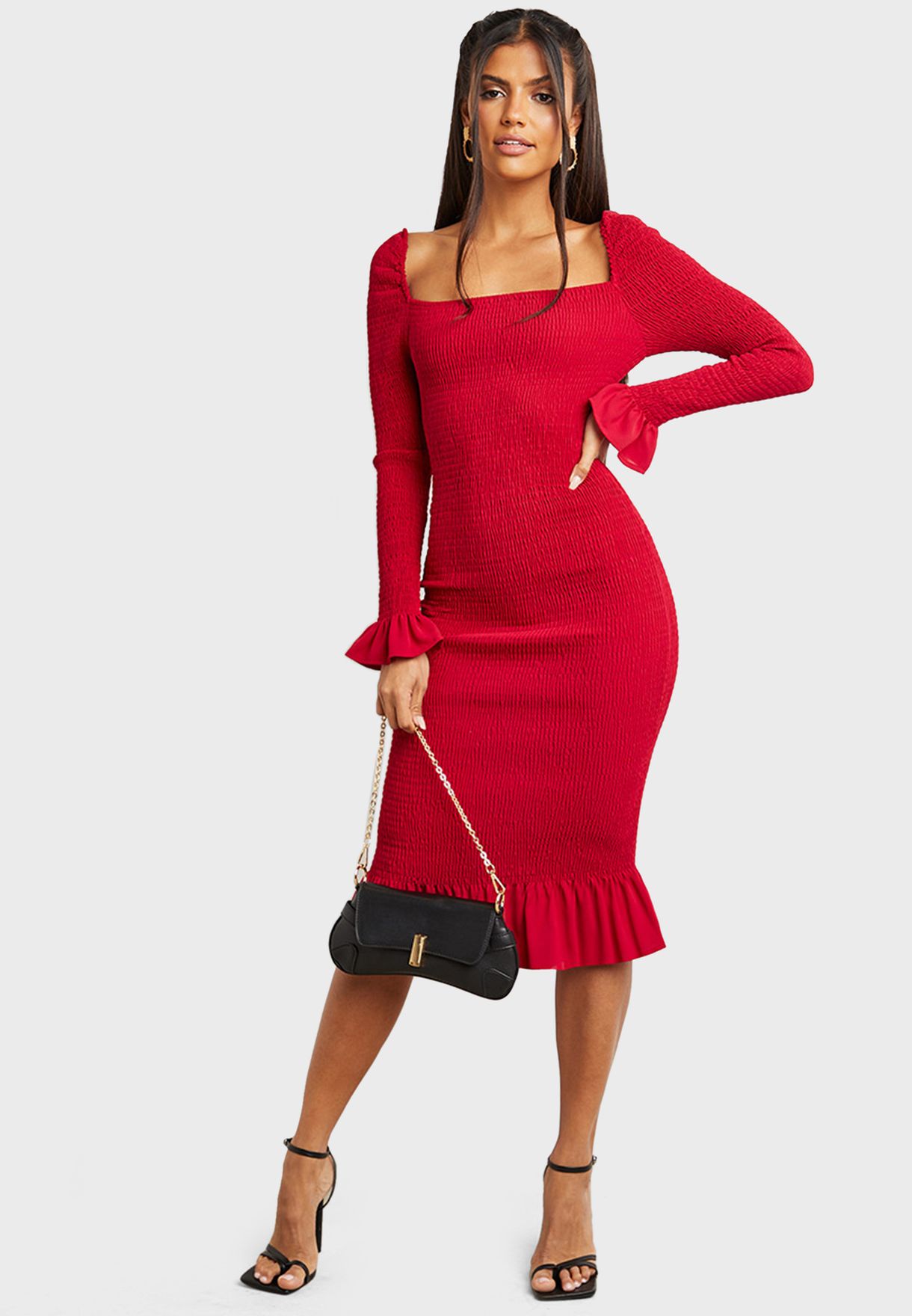 Buy Styli burgundy Broad Neck Ruffle Detail Shirred Dress for Women in ...