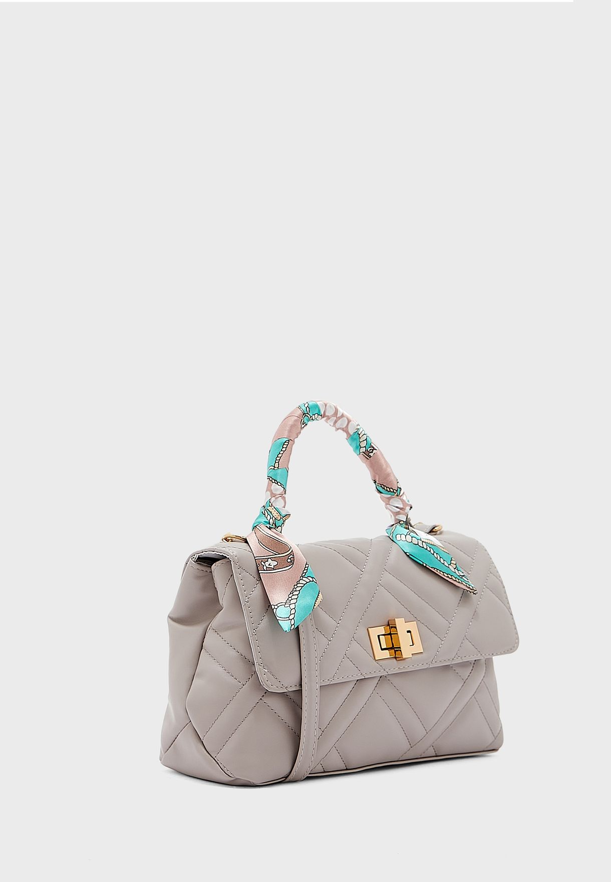 Quilted Satchel Handbag With Scarf Tie Handle