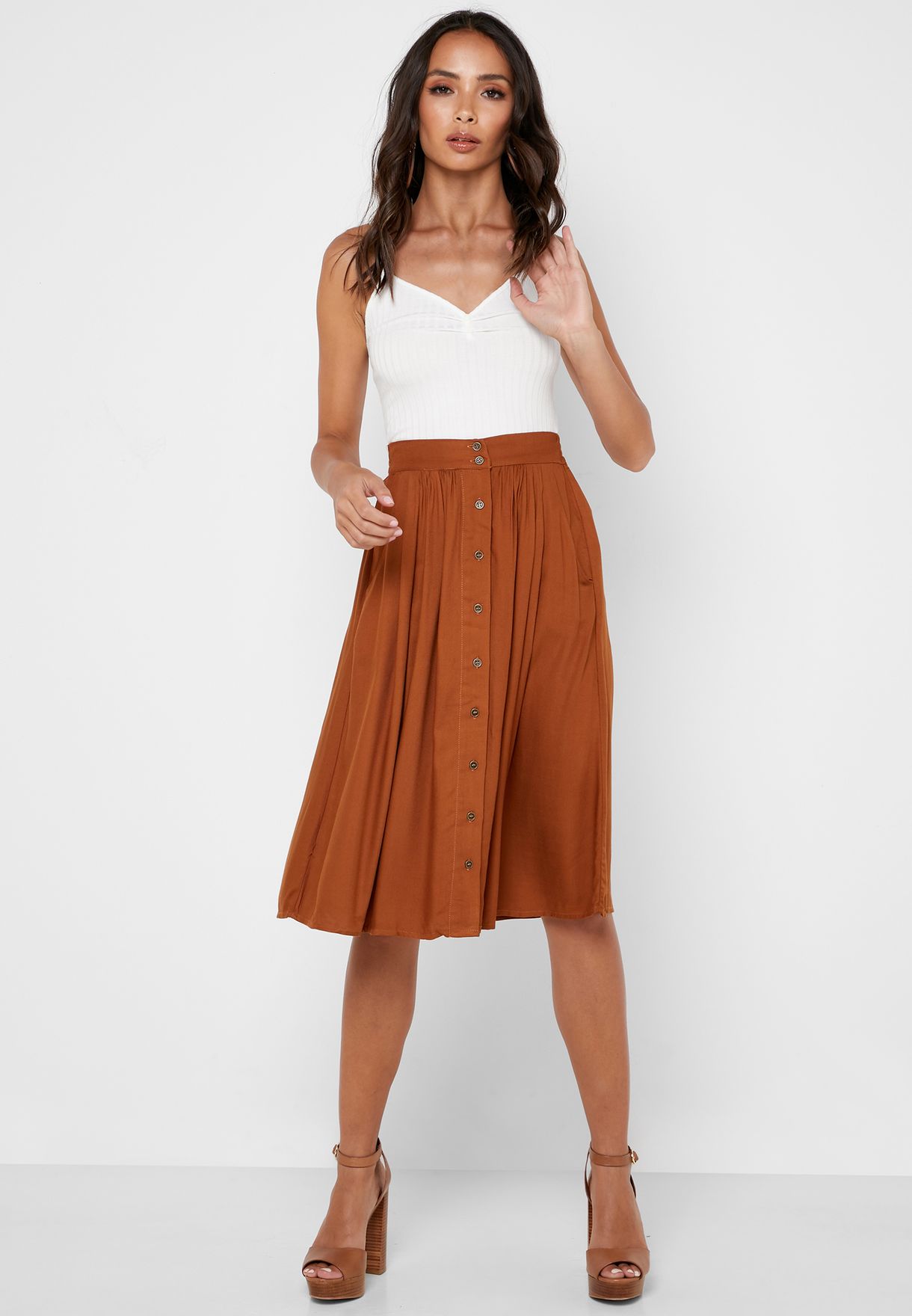 Buy Forever 21 brown Button Through Pleated Skirt for Women in Dubai ...