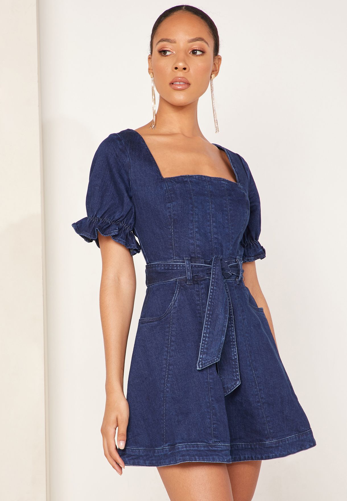 denim square neck dress