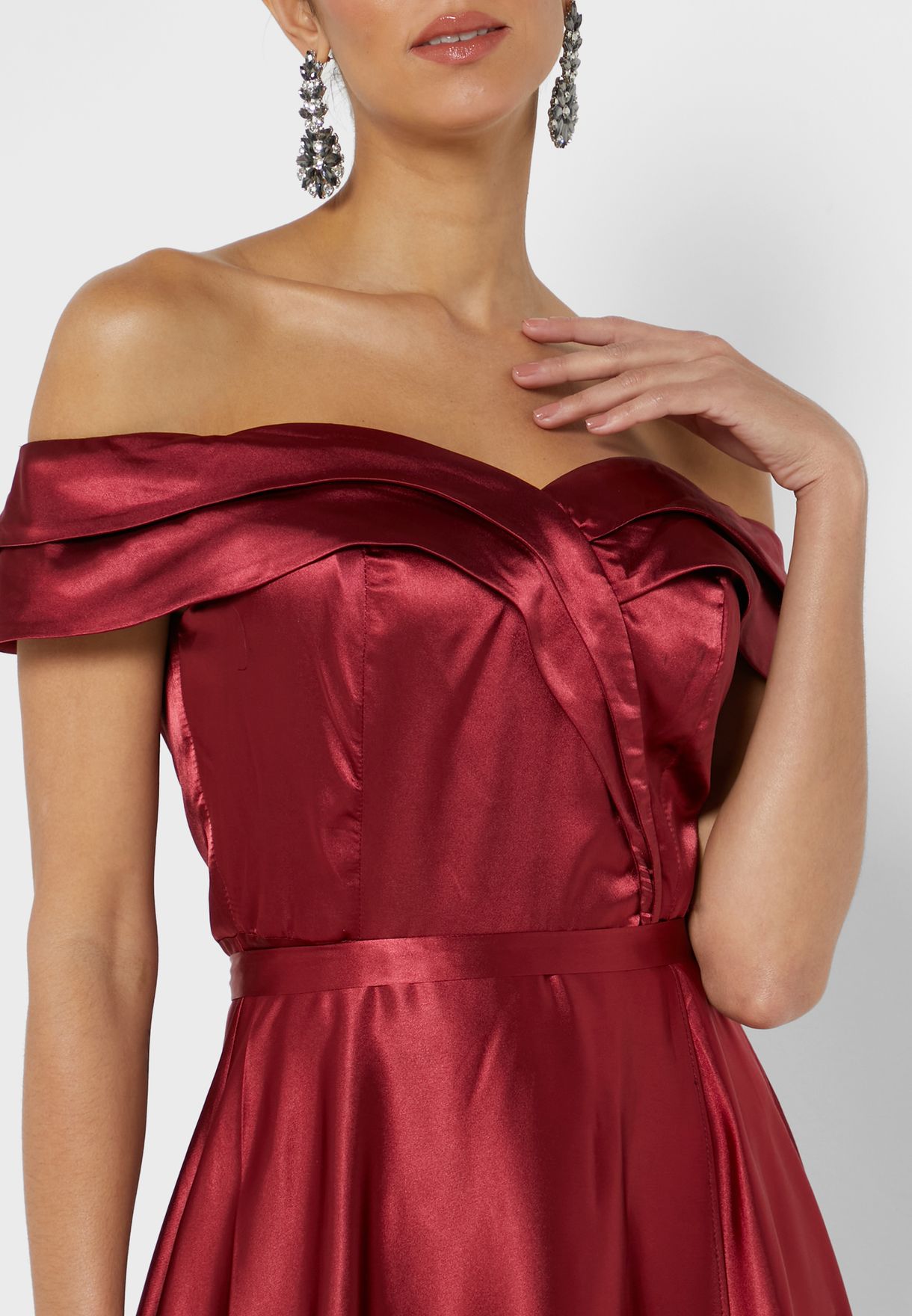 Buy Ella Limited Edition burgundy Off-Shoulder Satin Dress for Women in ...