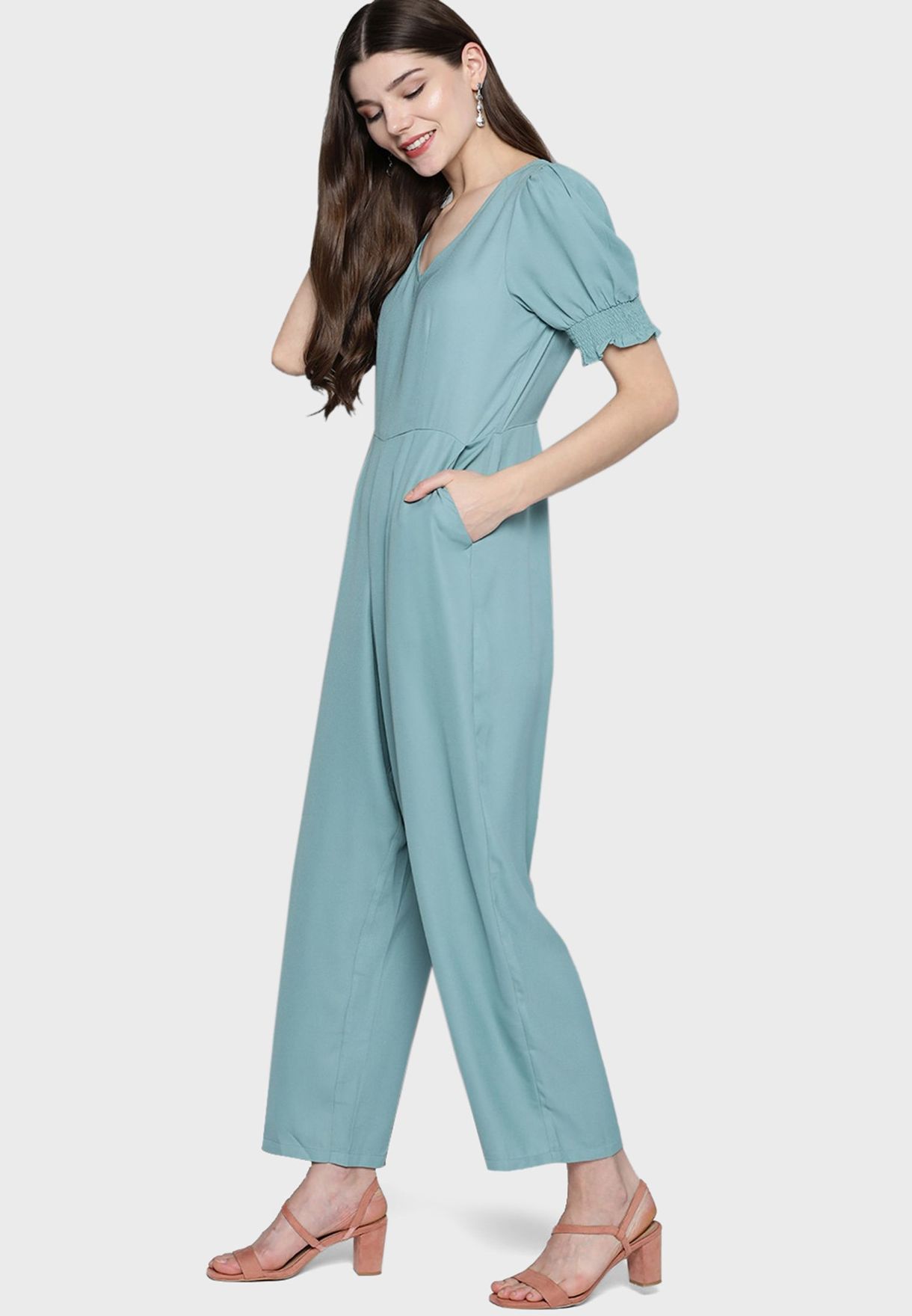 Puff Sleeves V-Neck Jumpsuit