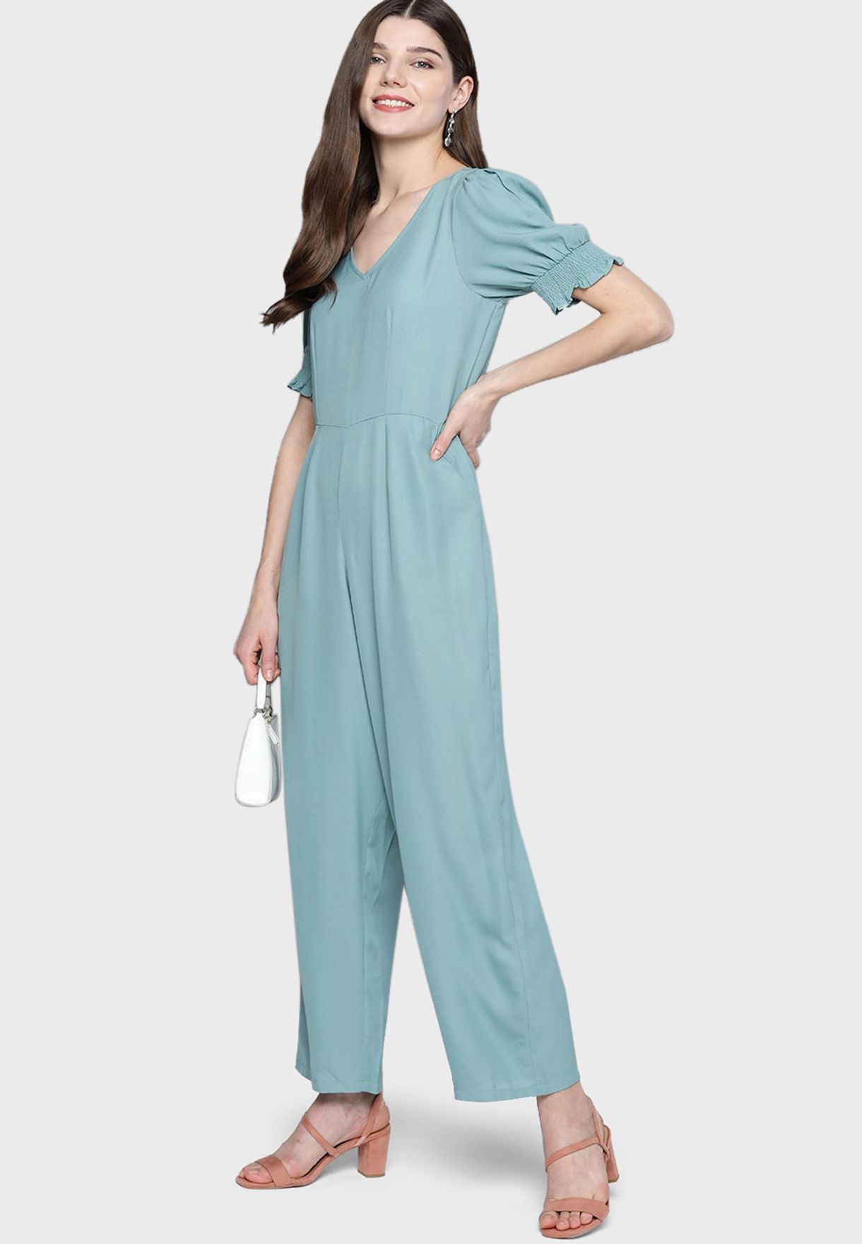 Puff Sleeves V-Neck Jumpsuit