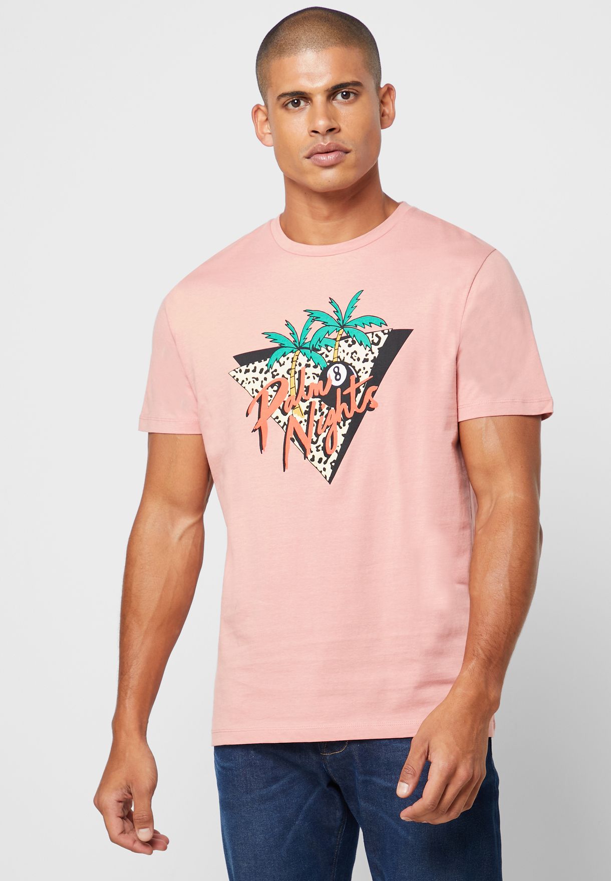 Buy Jack Jones pink Palm Nights Crew Neck T-Shirt for Men in MENA ...