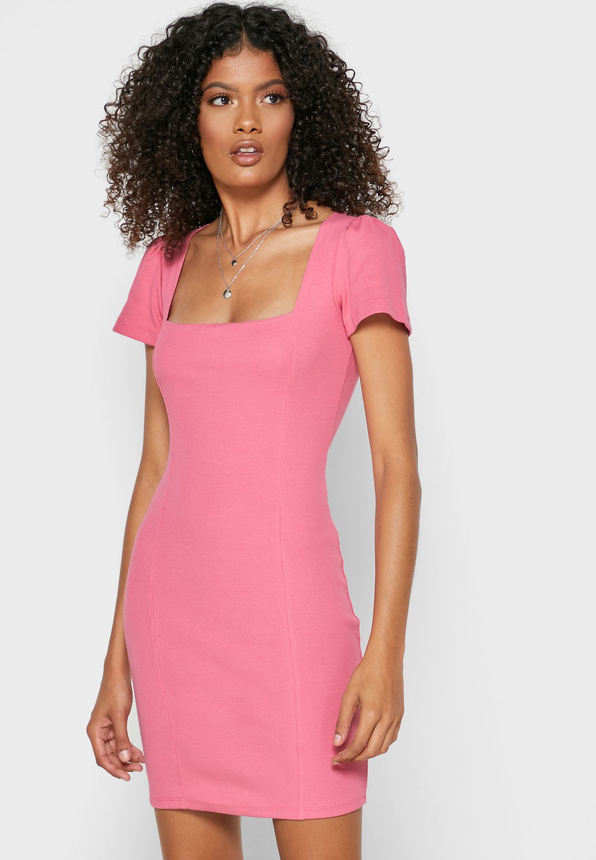 pink Square Neck Bodycon Dress ...