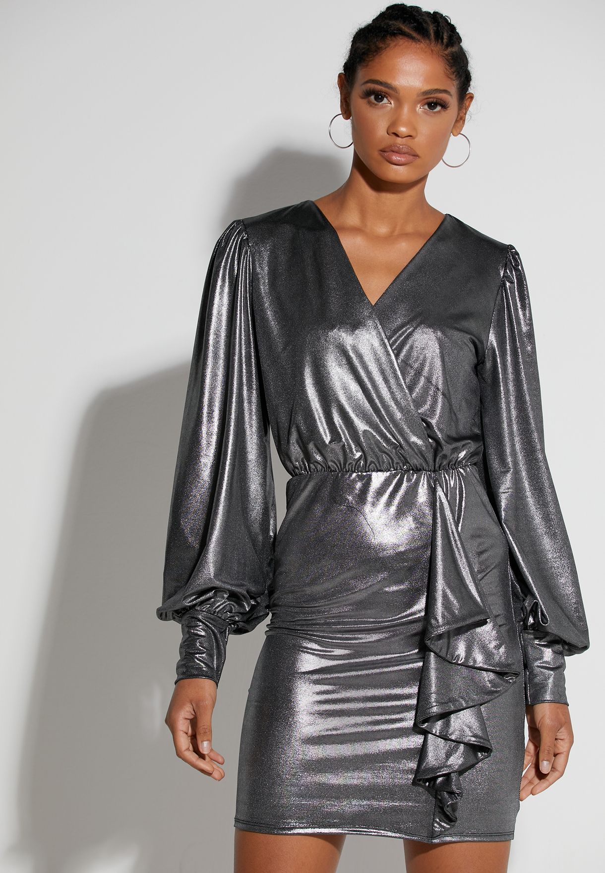 Buy Ginger silver Metallic Wrap Front Mini Dress for Women in MENA,  Worldwide