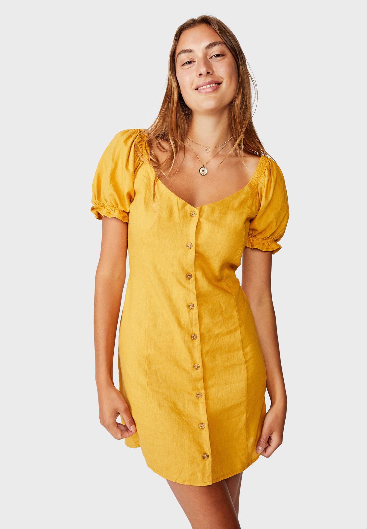 yellow button through dress