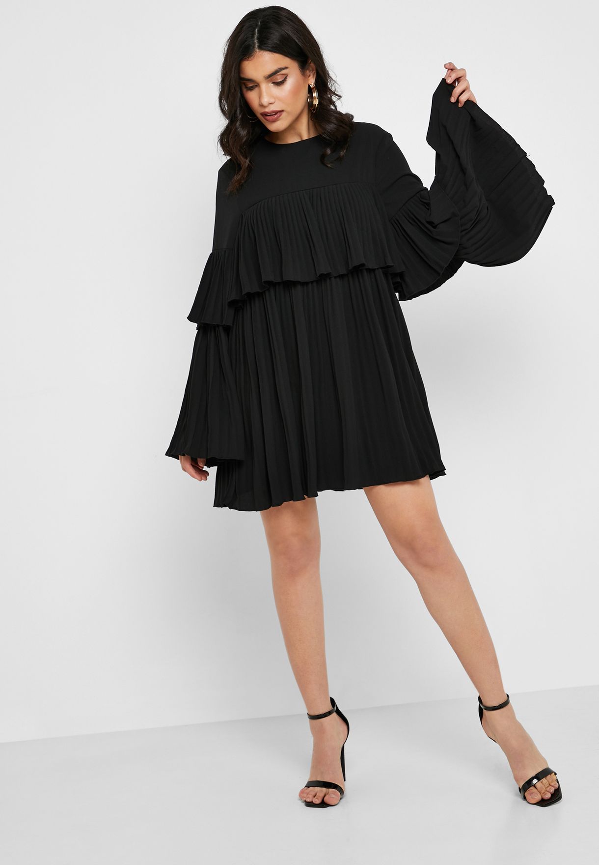 black pleated layered smock dress
