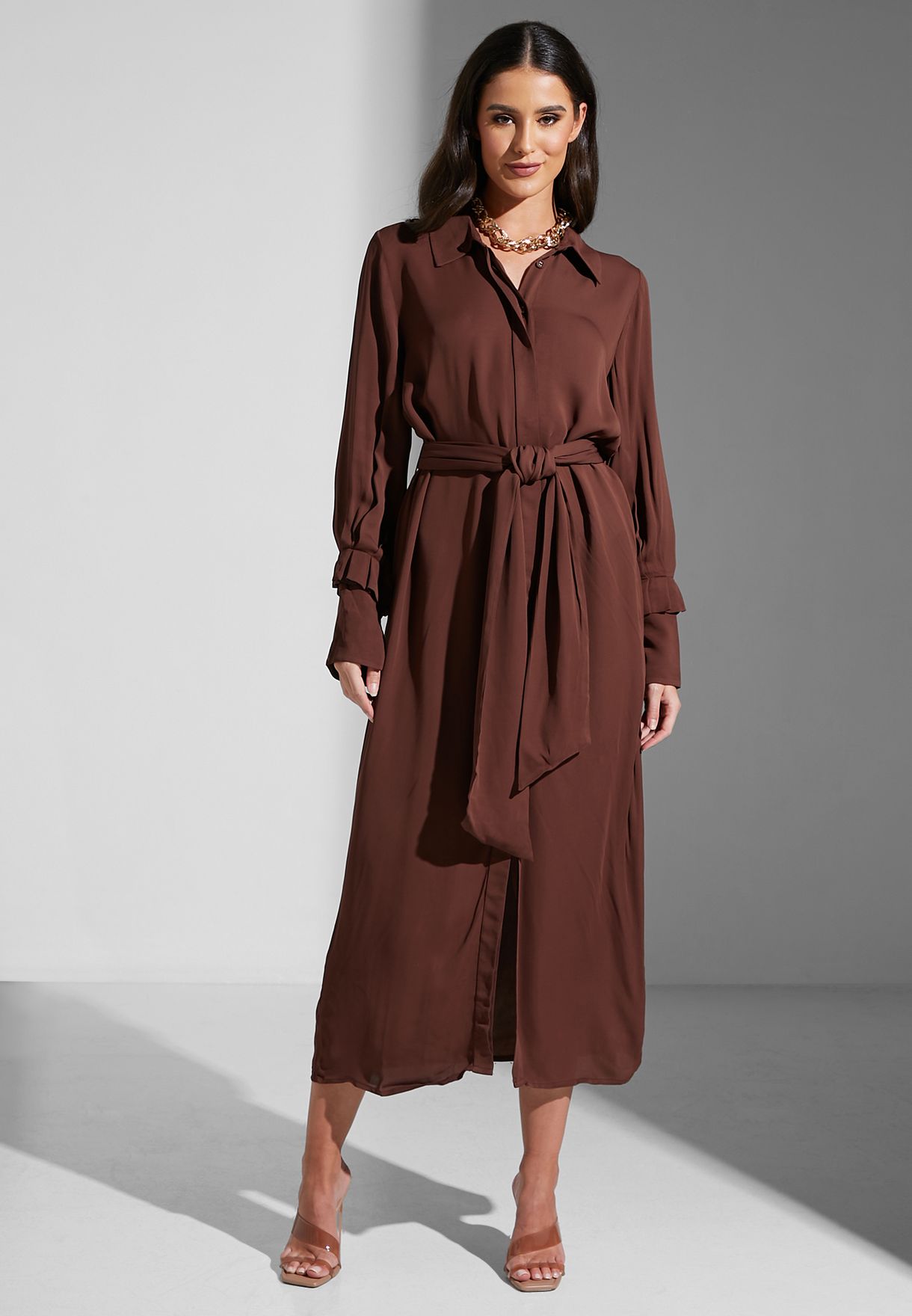 Button Detail Belted Dress