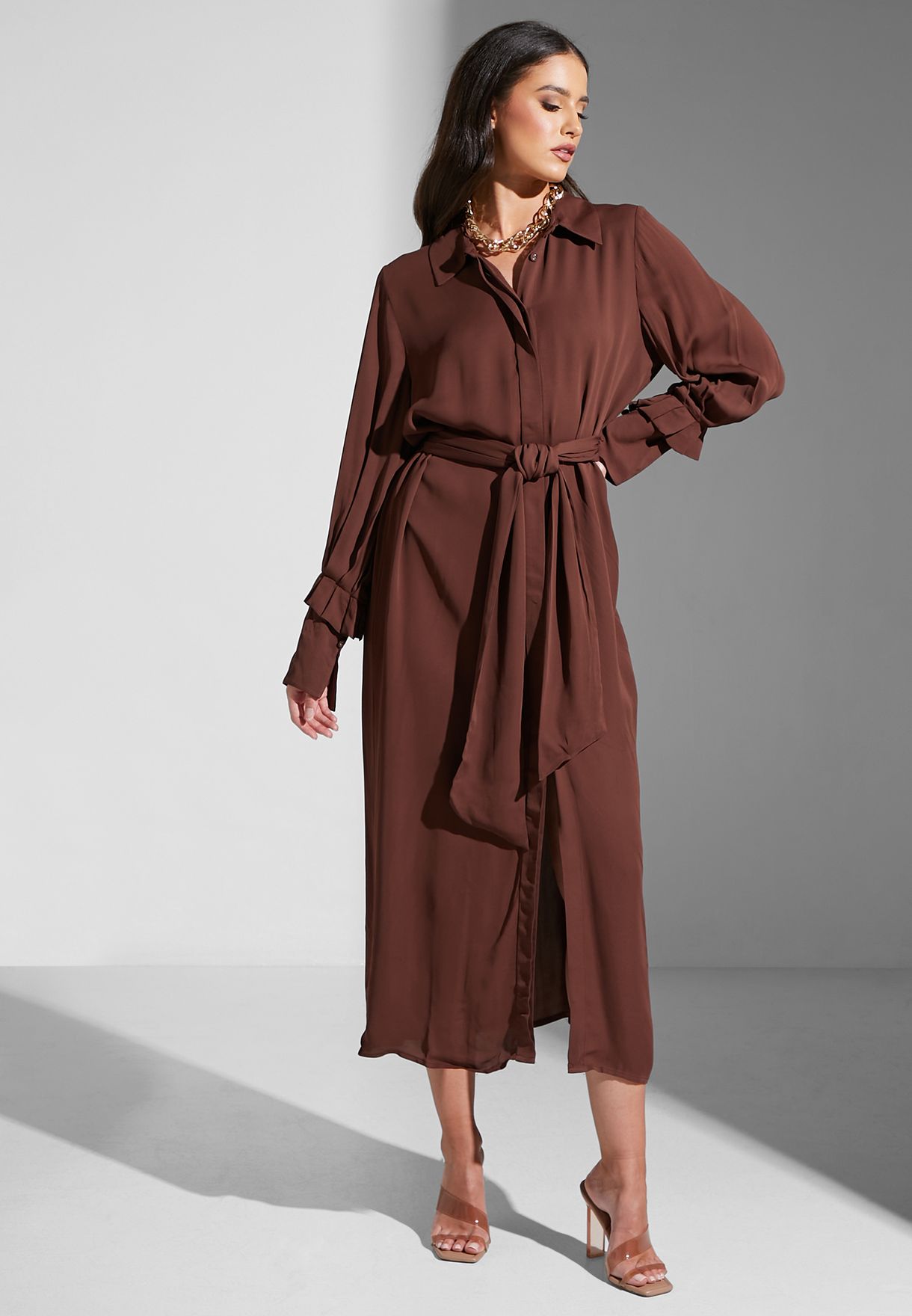 Button Detail Belted Dress
