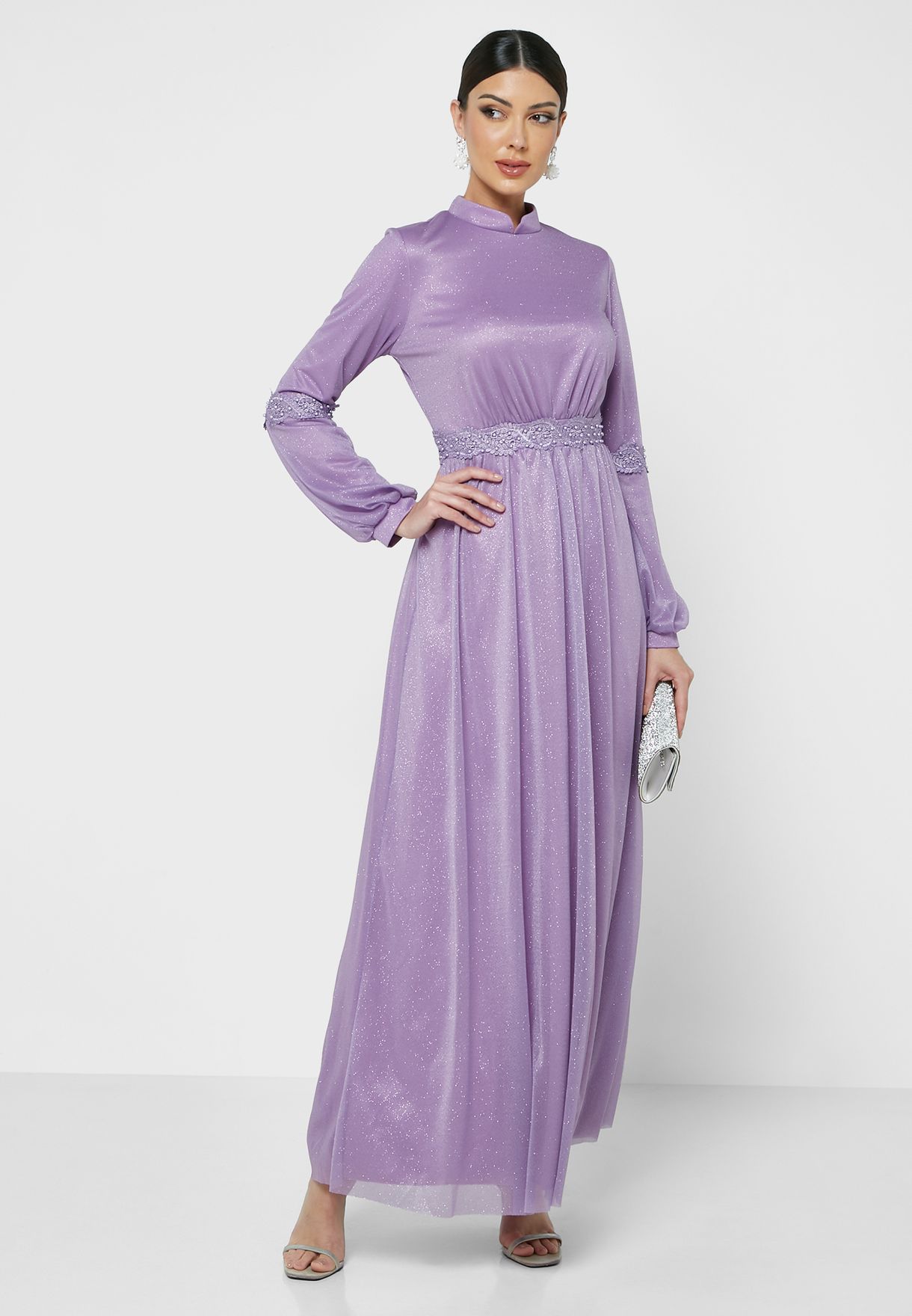 Buy Khizana purple Puff Sleeve Shimmer Dress for Women in Dubai, Abu Dhabi