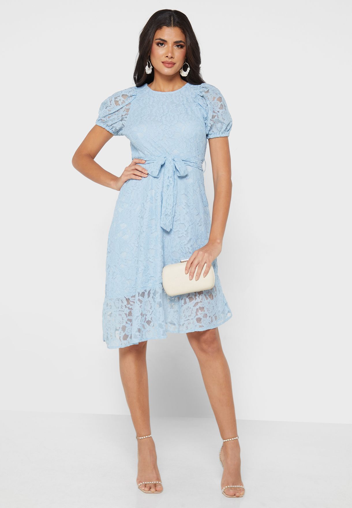 Dusty blue frill hem lace store bodycon dress