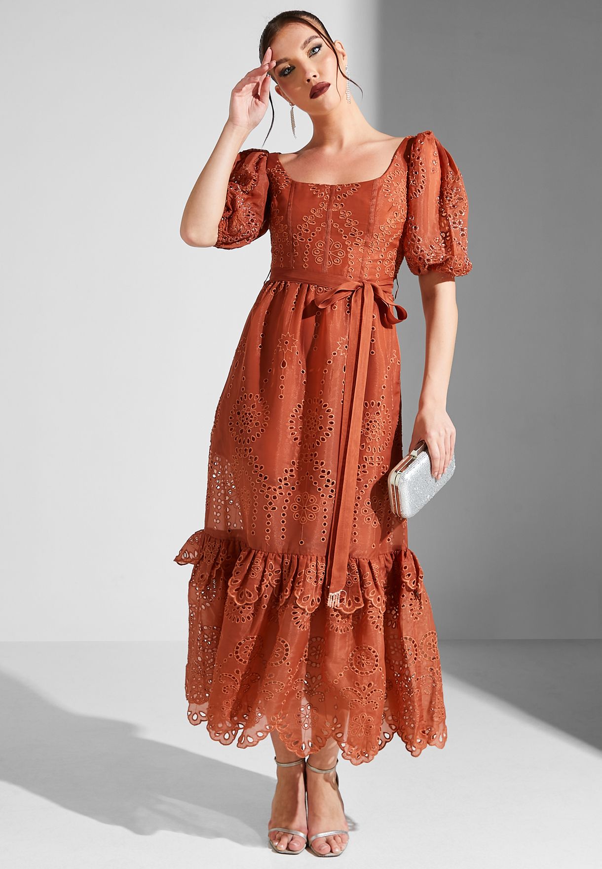 Balloon Sleeve Broidered Ruffle Dress