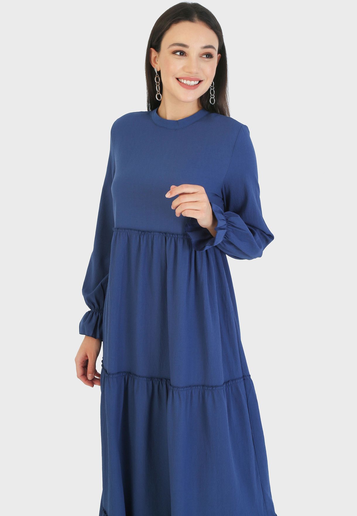 Buy Tavin By Modanisa blue Crew Neck Tiered Dress for Women in Dubai ...